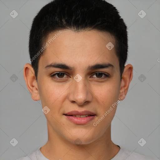 Joyful white young-adult male with short  brown hair and brown eyes