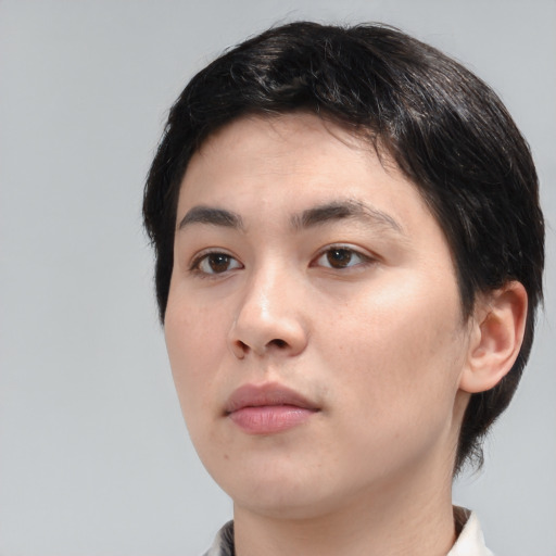 Neutral white young-adult female with short  black hair and brown eyes