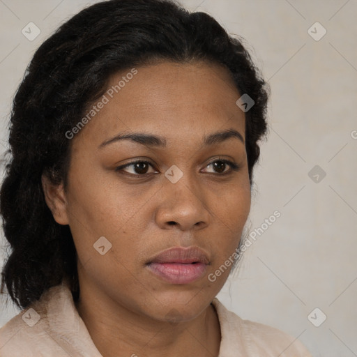 Neutral black young-adult female with medium  brown hair and brown eyes