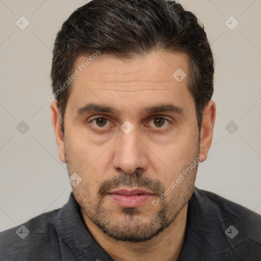 Neutral white adult male with short  brown hair and brown eyes