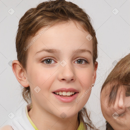 Joyful white child female with medium  brown hair and brown eyes