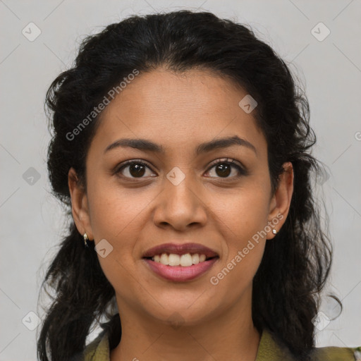 Joyful latino young-adult female with medium  brown hair and brown eyes