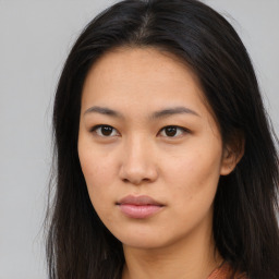 Neutral asian young-adult female with long  brown hair and brown eyes