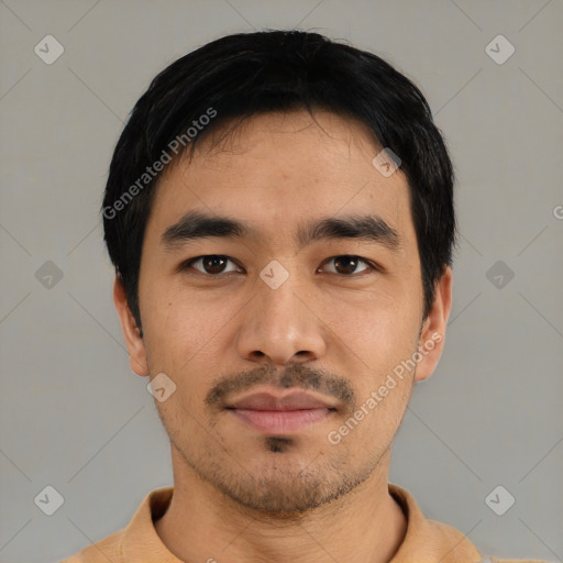 Neutral asian young-adult male with short  black hair and brown eyes