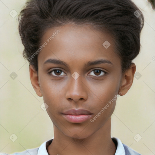 Neutral white young-adult female with short  brown hair and brown eyes