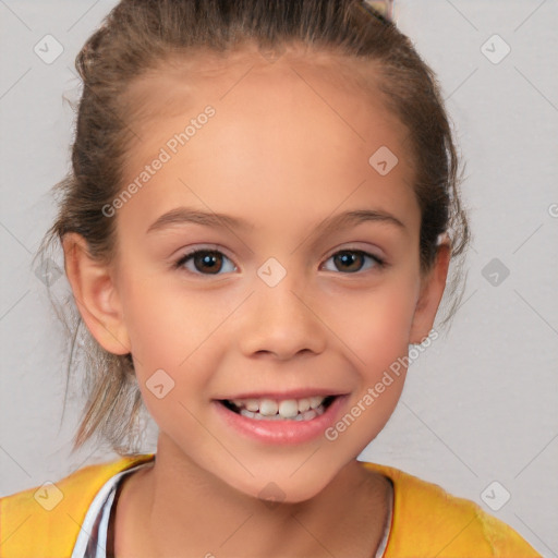 Joyful white child female with short  brown hair and brown eyes