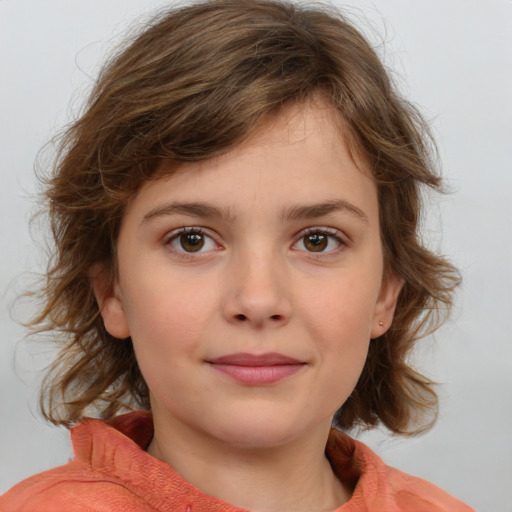 Joyful white child female with medium  brown hair and brown eyes