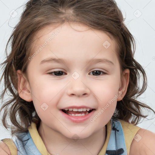 Joyful white child female with medium  brown hair and brown eyes