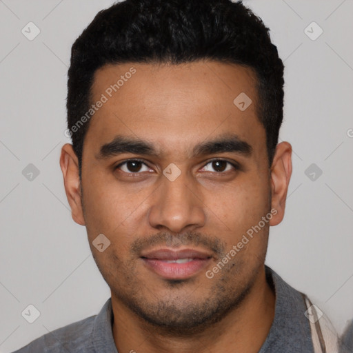 Neutral latino young-adult male with short  black hair and brown eyes