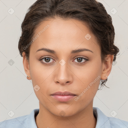 Neutral white young-adult female with short  brown hair and brown eyes