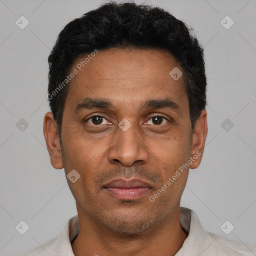 Joyful latino adult male with short  black hair and brown eyes