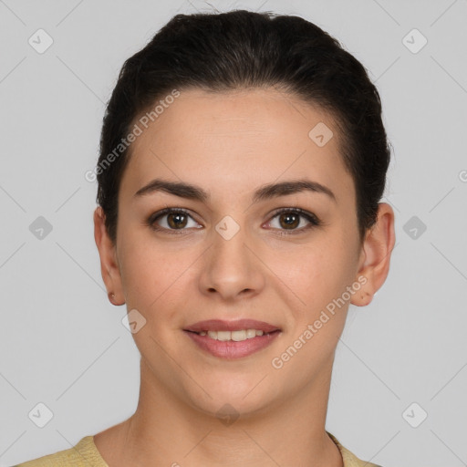 Joyful white young-adult female with short  brown hair and brown eyes