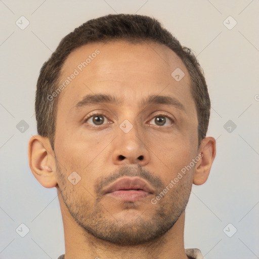 Neutral white adult male with short  brown hair and brown eyes