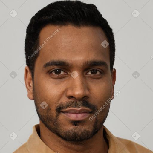 Neutral black young-adult male with short  black hair and brown eyes
