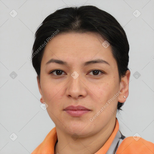 Neutral asian young-adult female with short  brown hair and brown eyes