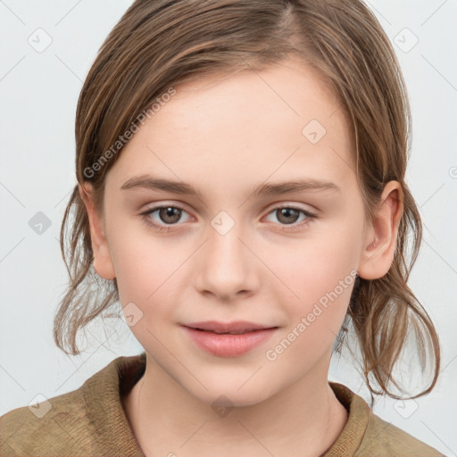 Joyful white child female with medium  brown hair and grey eyes