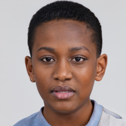 Neutral black young-adult female with short  black hair and brown eyes