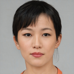 Neutral asian young-adult female with short  brown hair and brown eyes