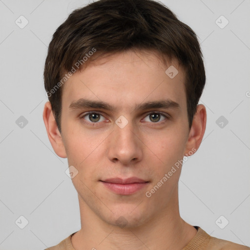 Neutral white young-adult male with short  brown hair and brown eyes