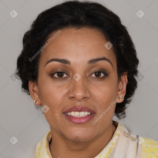 Joyful latino adult female with short  brown hair and brown eyes