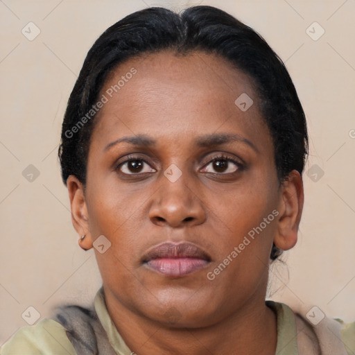 Neutral latino young-adult female with short  brown hair and brown eyes