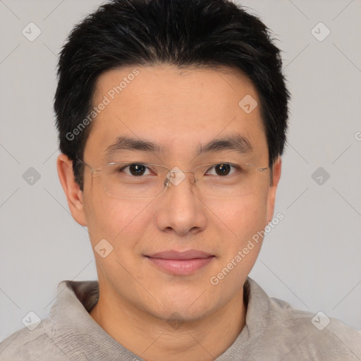 Joyful asian young-adult male with short  brown hair and brown eyes