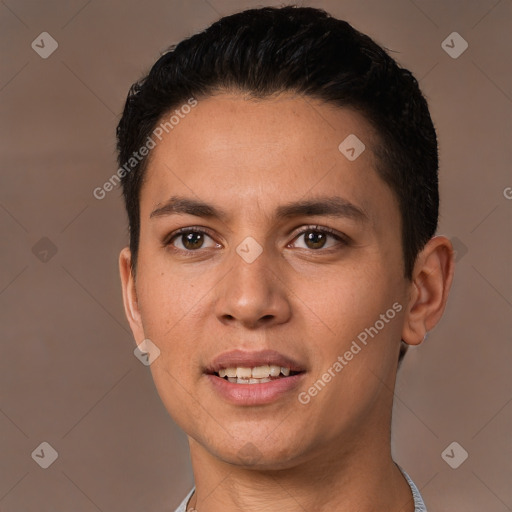 Joyful white young-adult male with short  black hair and brown eyes