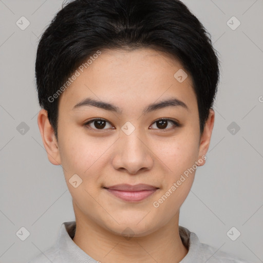 Joyful asian young-adult female with short  brown hair and brown eyes