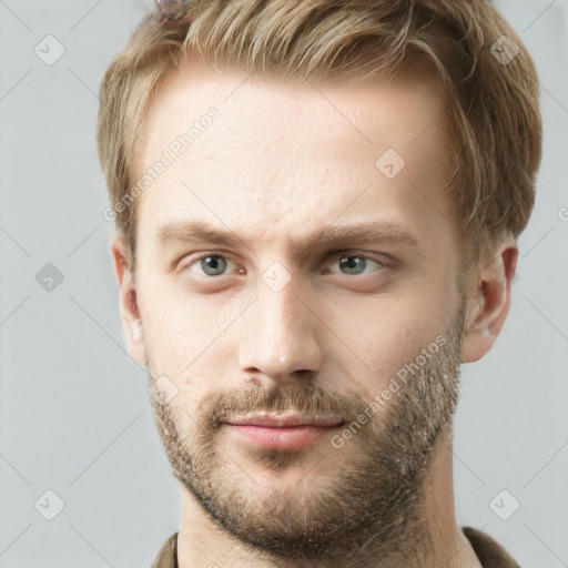 Neutral white young-adult male with short  brown hair and grey eyes