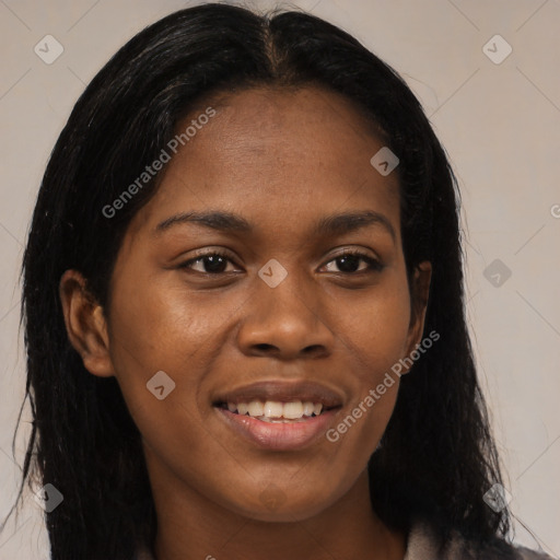 Joyful black young-adult female with medium  black hair and brown eyes