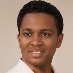 Joyful latino young-adult male with short  brown hair and brown eyes