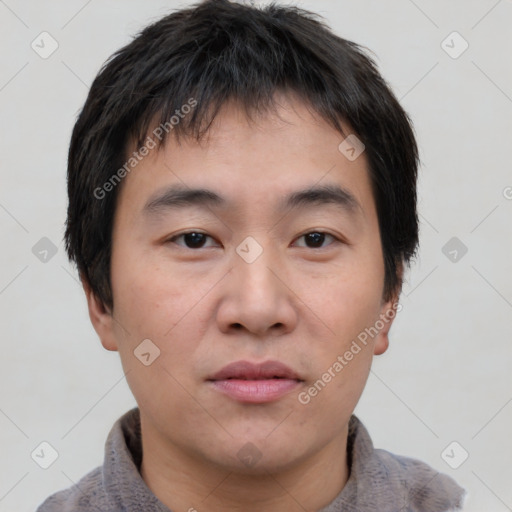 Neutral asian young-adult male with short  brown hair and brown eyes