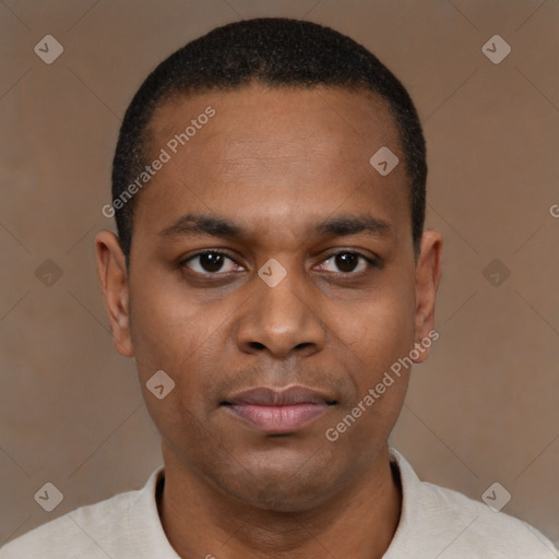 Neutral black young-adult male with short  black hair and brown eyes