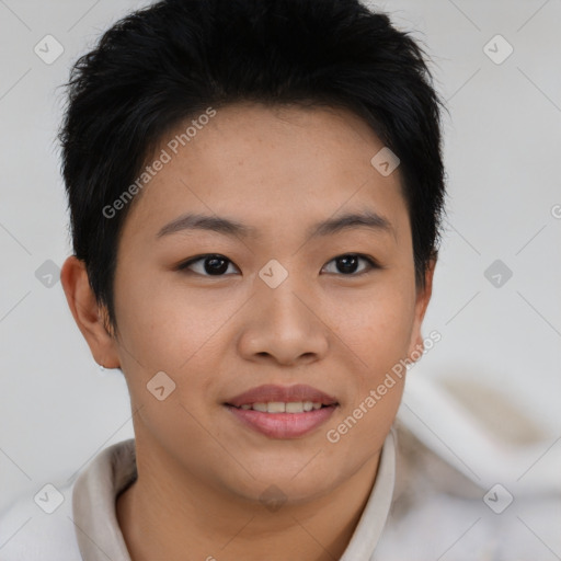 Joyful asian young-adult female with short  brown hair and brown eyes