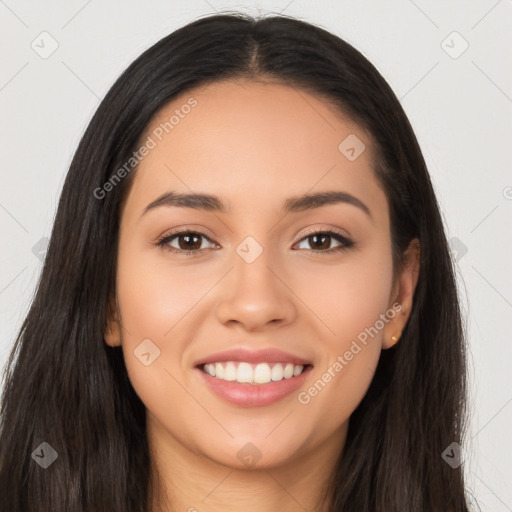 Joyful latino young-adult female with long  black hair and brown eyes