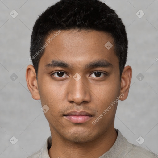 Neutral latino young-adult male with short  black hair and brown eyes