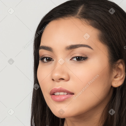 Joyful white young-adult female with long  black hair and brown eyes