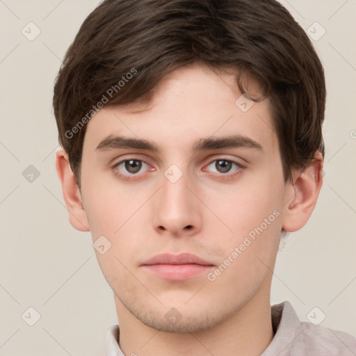 Neutral white young-adult male with short  brown hair and brown eyes