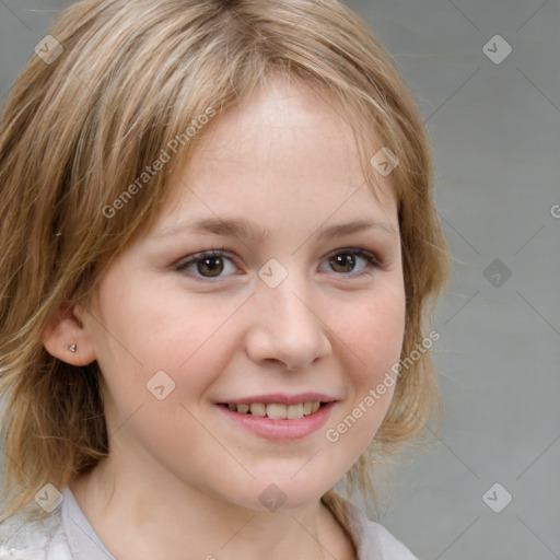 Joyful white child female with medium  brown hair and brown eyes