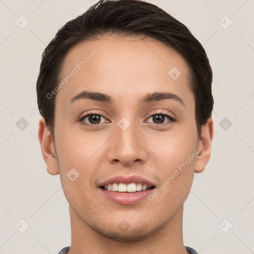 Joyful white young-adult female with short  brown hair and brown eyes