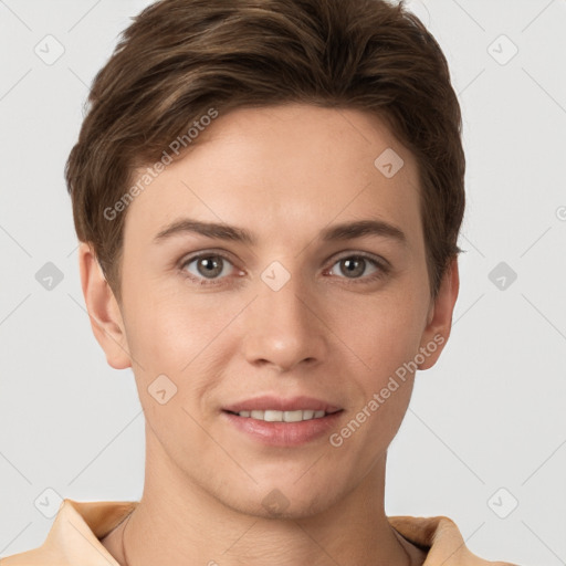 Joyful white young-adult female with short  brown hair and grey eyes