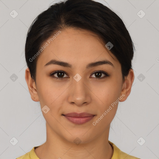 Joyful asian young-adult female with short  brown hair and brown eyes