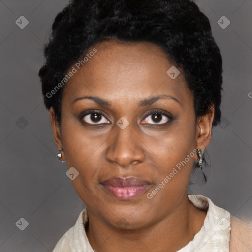 Joyful black adult female with short  brown hair and brown eyes