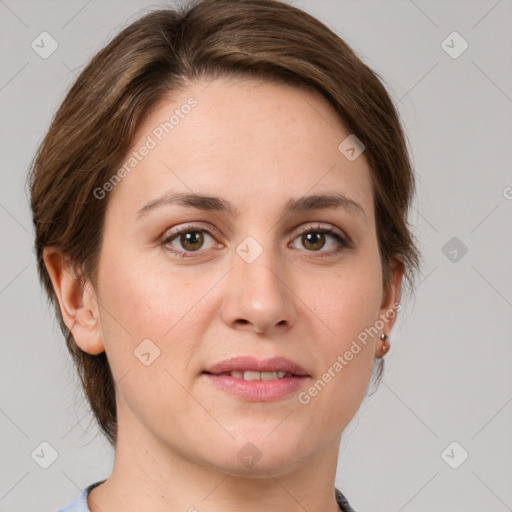 Joyful white young-adult female with medium  brown hair and green eyes