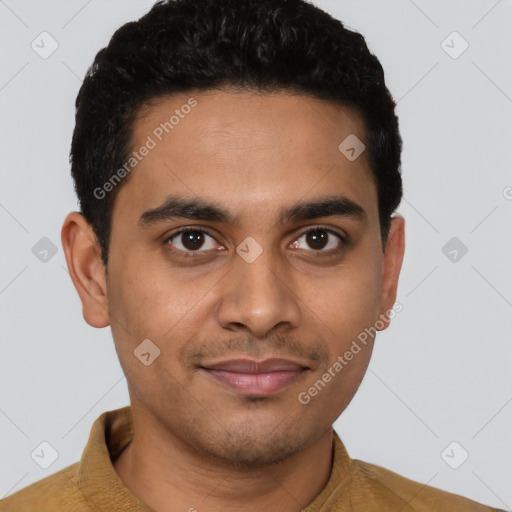 Joyful latino young-adult male with short  brown hair and brown eyes