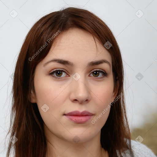 Neutral white young-adult female with long  brown hair and brown eyes