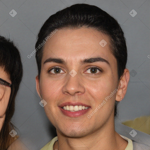 Joyful white young-adult female with short  brown hair and brown eyes