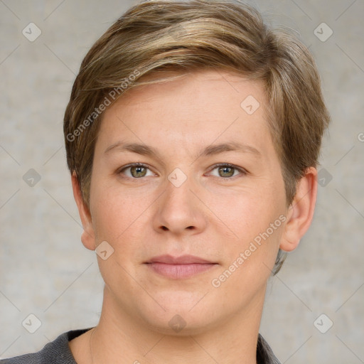 Joyful white young-adult female with short  brown hair and grey eyes