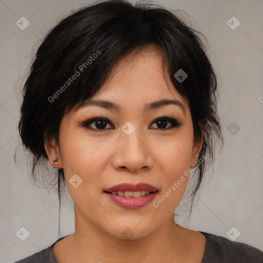 Joyful asian young-adult female with medium  black hair and brown eyes