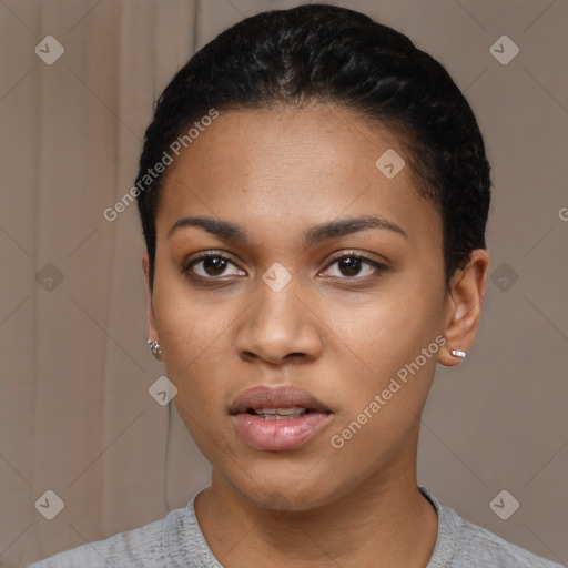 Neutral black young-adult female with short  black hair and brown eyes